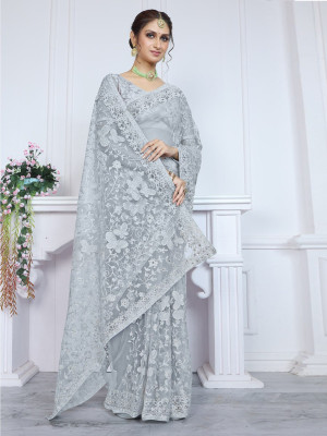 odette Embroidered Saree with Attached Blouse Net Saree(Grey)