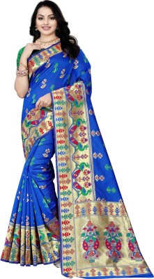 Manokamna Woven Paithani Silk Blend Saree(Blue)