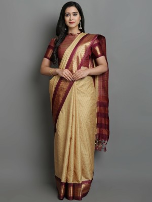 jvp Striped Bollywood Cotton Silk Saree(Beige)