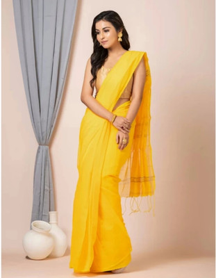 indrikacreation Embellished, Woven Handloom Cotton Blend Saree(Yellow)