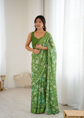 Shreekaara Floral Print Daily Wear Satin Saree(Green)