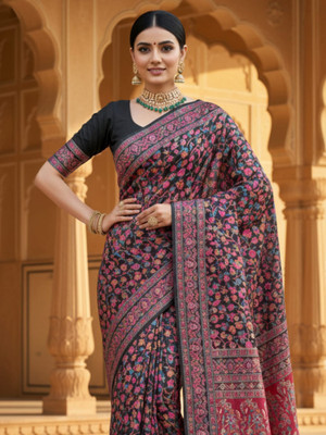 all about you Woven Daily Wear Silk Blend Saree(Black)