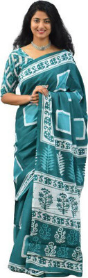 Tropwear Printed, Self Design, Digital Print, Hand Painted, Blocked Printed Ikkat Pure Cotton Saree(Green)