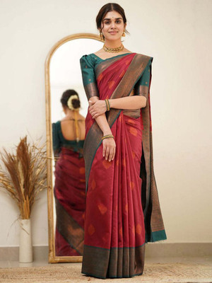 Moda Rapido Woven Banarasi Cotton Blend Saree(Red)