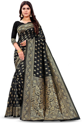 AAGRAHI FASHION Embellished, Self Design, Woven Kanjivaram Jacquard, Silk Blend Saree(Black)