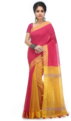 BENGAL HANDLOOM Woven Handloom Cotton Silk Saree(Pink, Yellow)