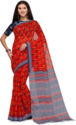 Solucions Printed Chanderi Chanderi, Cotton Blend Saree(Orange)