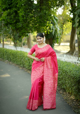Tasrika Woven Kalamkari Raw Silk Saree(Pink)