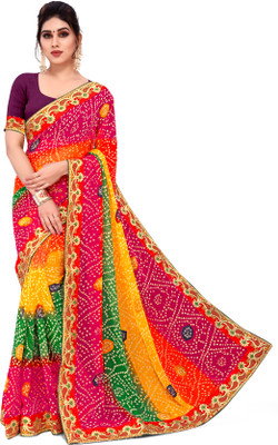 Vishnu Creations Printed Bandhani Georgette Saree(Pink)