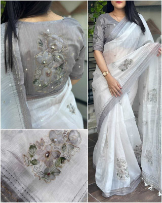 TANURI Embroidered Kantha Cotton Linen Saree(Grey)