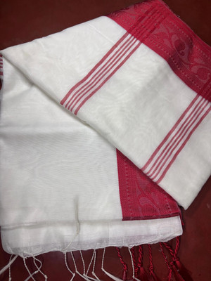 aryaraj Solid/Plain Handloom Cotton Blend Saree(White, Red)