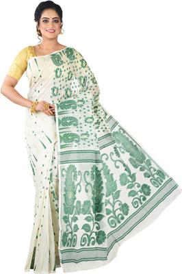 Avik Creations Self Design, Embroidered, Embellished, Woven Jamdani Handloom Cotton Blend, Cotton Silk Saree(Green, White)