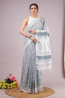 RP CREATION Printed Handloom Cotton Linen Saree(Multicolor)