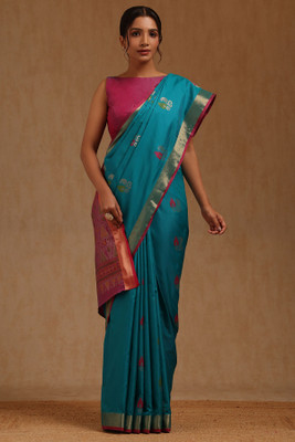 soch Woven Saree with Attached Blouse Silk Blend Saree(Blue)