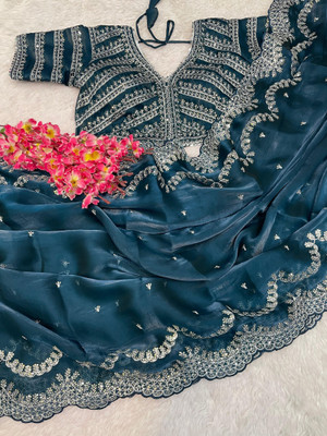 GOLDOLL FAB Woven Bollywood Organza Saree(Blue)