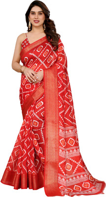 Bandhanivilla Printed Bandhani Cotton Blend Saree(Red)