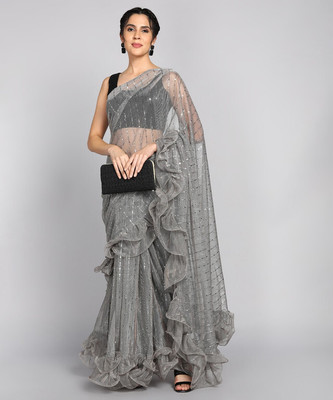 VIVIATRENDZ Geometric Print Bollywood Chiffon Saree(Brown)