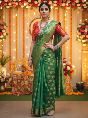 Sareemall Woven Banarasi Silk Blend Saree(Green)
