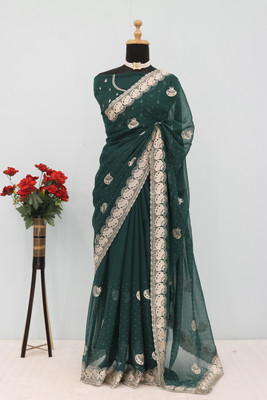 Dk Trendz Embroidered Bollywood Organza Saree(Dark Blue)