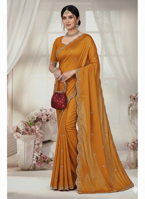 DUDHANE TRADING CORPORATION Embroidered, Embellished, Self Design Bollywood Silk Blend Saree(Yellow)