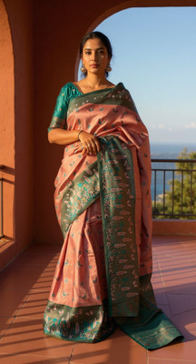 VEERACOLLECTION Printed, Woven Banarasi Jacquard Saree(Pink)