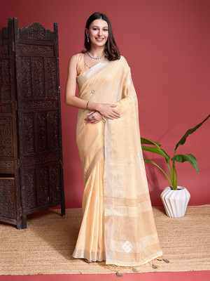 RekhaManiyar Embroidered Bollywood Linen Saree(Orange)