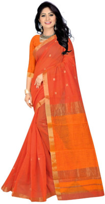Matangi Exporter Self Design Banarasi Cotton Blend Saree(Orange)