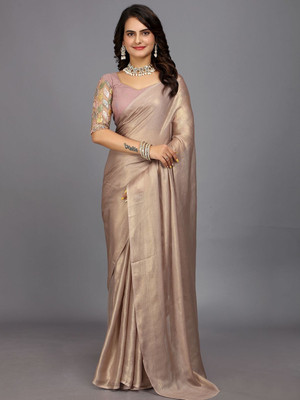 CLICKTHEMALL Solid/Plain Bollywood Chiffon Saree(Gold)
