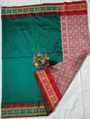 Cirkirow Temple Border, Solid/Plain Sambalpuri Handloom Art Silk Saree(Light Green)
