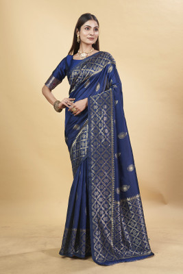 DHAYNAAND REEWA FASHION Floral Print Banarasi Jacquard Saree(Dark Blue)