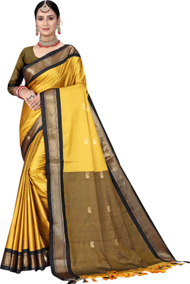 NST5 Woven Paithani Cotton Silk Saree(Gold, Black)