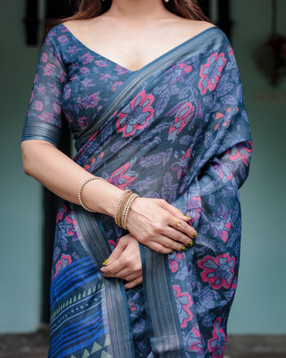 ALMAARI FASHION Digital Print Kanjivaram Cotton Linen Saree(Blue)