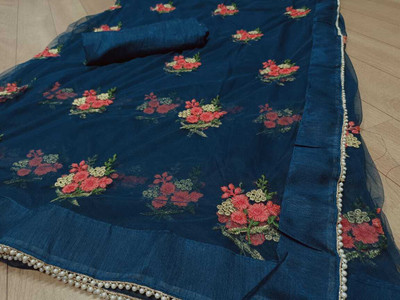 DWIJA ENTERPRISE Embroidered Bollywood Net Saree(Blue)