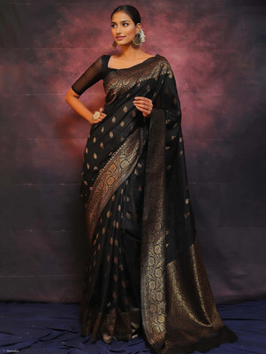 sweny Woven Kanjivaram Cotton Silk Saree(Black)