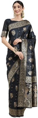 Akhilam Woven Baluchari Silk Blend Saree(Grey)
