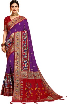 Akhilam Embroidered Patola Silk Blend Saree(Purple, Red)