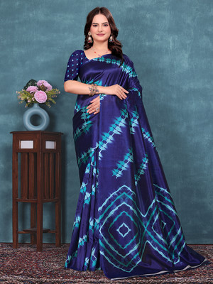 Kanooda Prints Printed Mysore Art Silk Saree(Dark Blue)