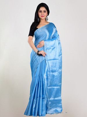 Shaw Creation Solid/Plain Handloom Handloom Tissue Saree(Blue)