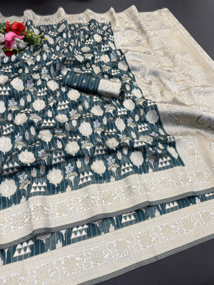 AAINA CREATION Printed Bollywood Tissue Saree(Dark Blue, White)