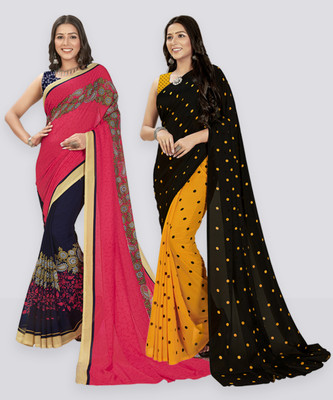 Anand Sarees Floral Print, Polka Print Daily Wear Georgette Saree(Pack of 2, Dark Blue, Pink)