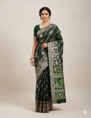 HOUSEOFDREAM Woven, Hand Painted, Self Design, Solid/Plain, Embellished Baluchari Art Silk Saree(Dark Green)