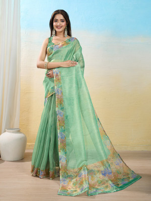Divastri Digital Print, Printed, Embellished Bollywood Organza Saree(Green)