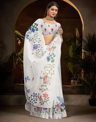 PRTRENDZ Printed Kanjivaram Pure Cotton, Cotton Linen Saree(White)