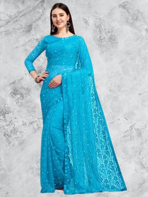 Paanthcreation Solid/Plain Bollywood Net Saree(Blue)