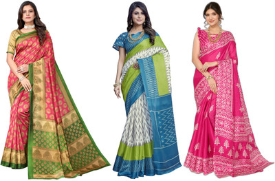 Nirvaan Printed Bhagalpuri Art Silk Saree(Pack of 3, Pink, White, Blue)