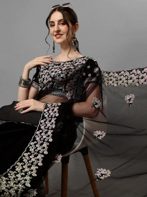MAHAKALI CLOTHING Embroidered Bollywood Net Saree(Black)