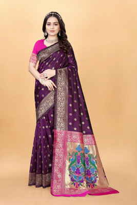 DHAYNAAND REEWA FASHION Woven Paithani Silk Blend Saree(Purple)