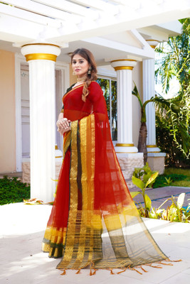 Aarunika SST Solid/Plain Bollywood Organza Saree(Red, Yellow)