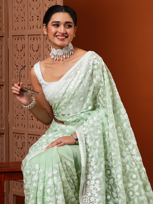 Divastri Embroidered Bollywood Organza Saree(Light Green)