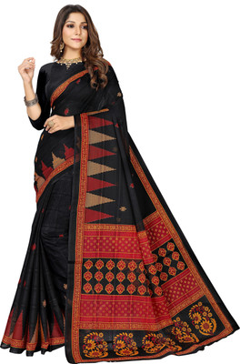 RATAN Printed Daily Wear Pure Cotton Saree(Black)